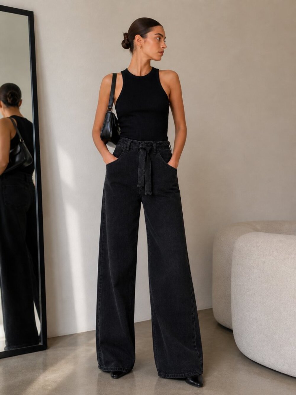 Zara Women’s Black High Rise Wide Leg Jeans Size 0 Belted Minimal Dark Wash